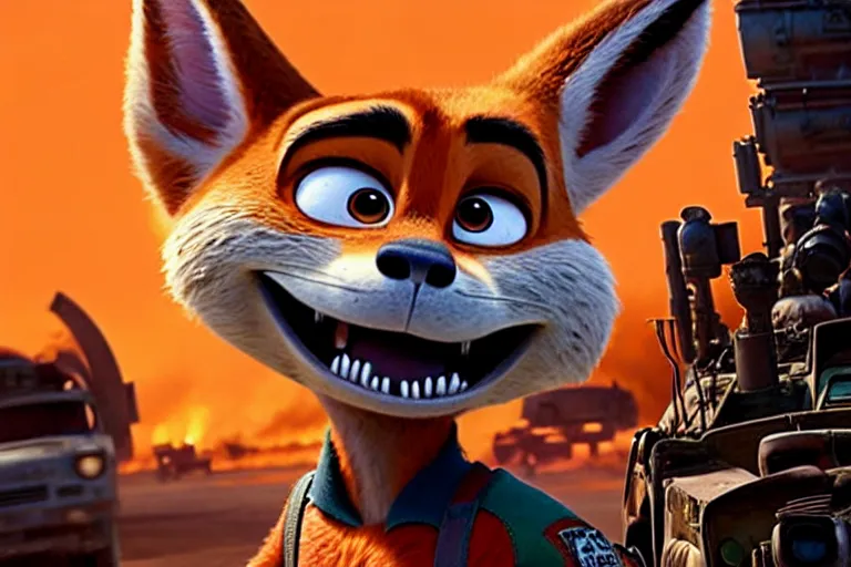 Image similar to nick wilde ( from zootopia ), heavily armed and armored facing down armageddon in a dark and gritty reboot from the makers of mad max : fury road