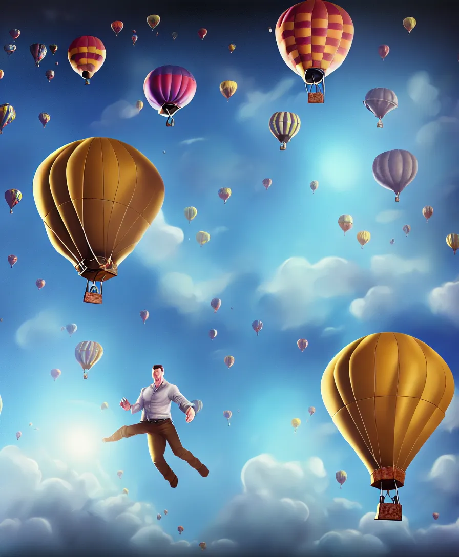 Prompt: highly detailed portrait of a man flying in hot air balloon in the space, in the style of greg rutsowski, wide angle shot, hyper realistic, concept art, 8 k detail post - processing