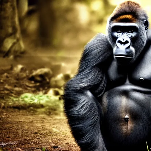 Image similar to a gorilla as rambo, 4 k, hyper realistic, dslr, high resolution, landscape, beautiful