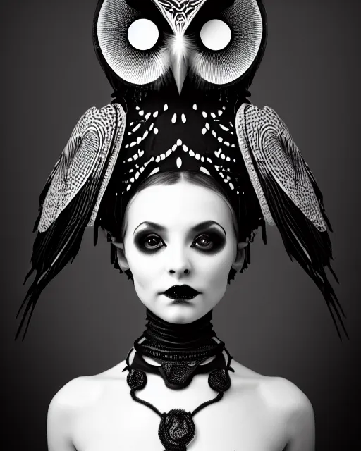 Image similar to surreal mythical dreamy dark artistic black and white fine art 3 / 4 fashion portrait photo of a young beautiful delicate female robot - witch - owl with orchid - doll face, rim light, cinematic, studio dramatic light, poetic, masterpiece, octane render, 8 k, photo - realistic by gustave dore hg giger