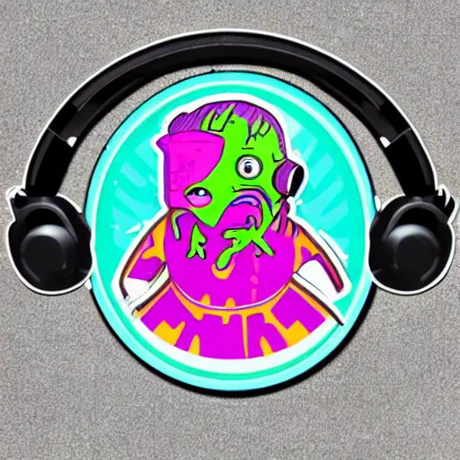 Image similar to svg sticker of a Pop-Wonder Alien-Bog-Monster-Swamp-Rat-Thunder-Coot-Racing-Fan at a rave, spinning records, giant headphones rocking out, wearing headphones, huge speakers, dancing, rave, DJ, spinning records, digital art, amazing composition, rule-of-thirds, award-winning, trending on artstation, featured on deviantart