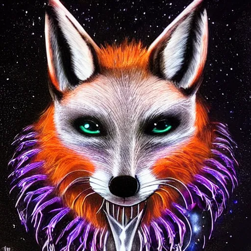 Image similar to a stylized realistic blacklight painting of an avatar of an awesome powerful cosmic horror foxfolk mage with a fox skull for a face with hummingbird feathers for fur themed around death and astronomy, in the style of dnd beyond avatar portraits, beautiful, artistic, elegant, lens flare, magical, lens flare, nature, realism, stylized, art by jeff easley