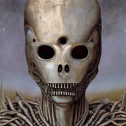 Image similar to Alien King in white imperial clothing, mantle, gold mask by Giger and Beksinski