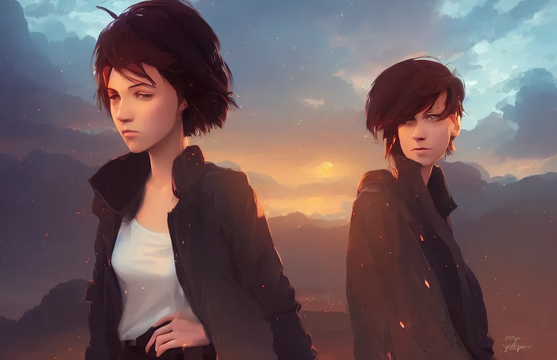 Prompt: a beautiful british woman with short brown hair, serious, somber amber eyes, standing on a bridge, storm in the distance, basic clothing, digital art by makoto shinkai ilya kuvshinov and wojtek fus, digital art, concept art,