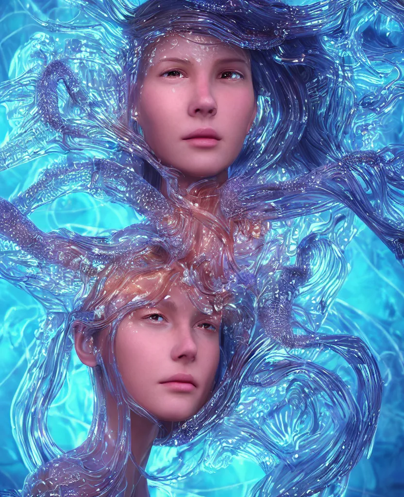 Image similar to close-up macro portrait of the face of a beautiful princess, epic angle and pose, symmetrical artwork, 3d with depth of field, blurred background, cybernetic jellyfish female face skull phoenix bird, translucent, nautilus, energy flows of water and fire. a highly detailed epic cinematic concept art CG render. made in Maya, Blender and Photoshop, octane render, excellent composition, cinematic dystopian brutalist atmosphere, dynamic dramatic cinematic lighting, aesthetic, very inspirational, arthouse. y Greg Rutkowski, Ilya Kuvshinov, WLOP, Stanley Artgerm Lau, Ruan Jia and Fenghua Zhong