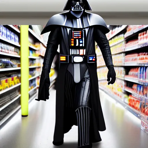 Image similar to A still of a Darth Vader shopping for groceries, 4k, 35mm, photograph, photoreal, ultra realistic, highly detailed, professional lighting