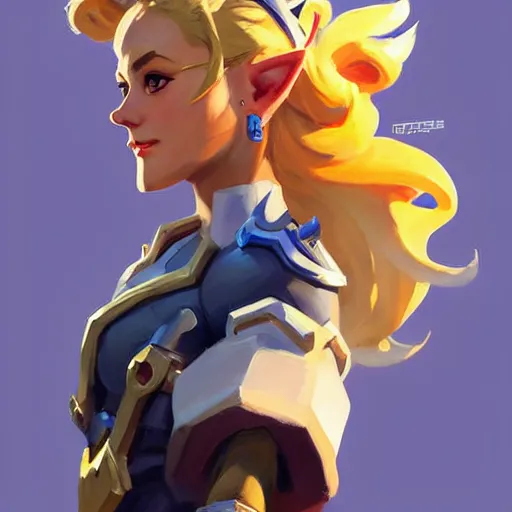 Image similar to Greg Manchess portrait painting of Zelda as Overwatch character, medium shot, asymmetrical, profile picture, Organic Painting, sunny day, Matte Painting, bold shapes, hard edges, street art, trending on artstation, by Huang Guangjian and Gil Elvgren and Sachin Teng