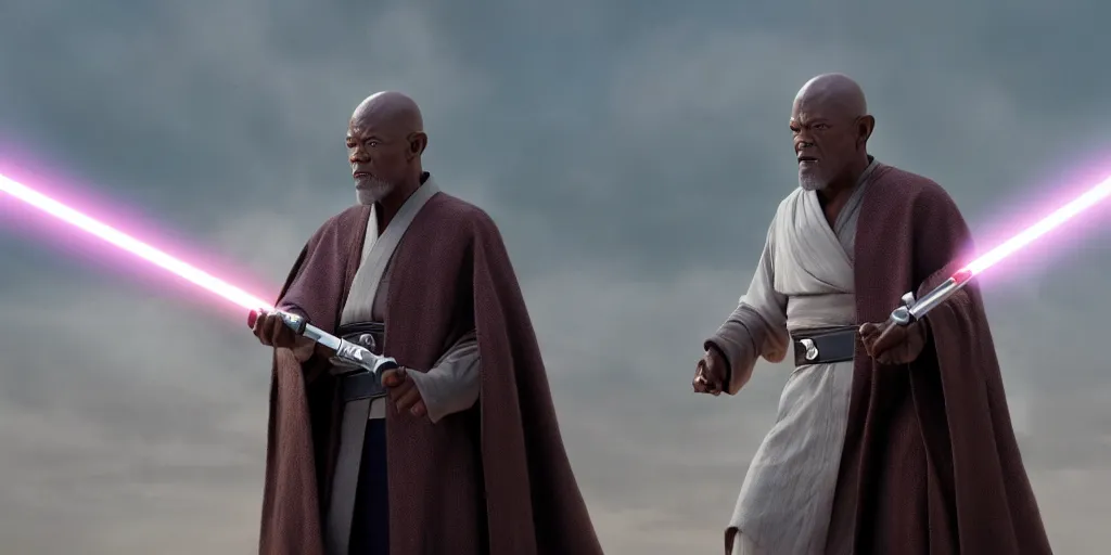 Prompt: obi - wan kenobi disney plus show, old mace windu played by samuel l jackson, standing alone, accurate ultra realistic faces, 4 k, movie still, uhd, sharp, detailed, cinematic, render, modern