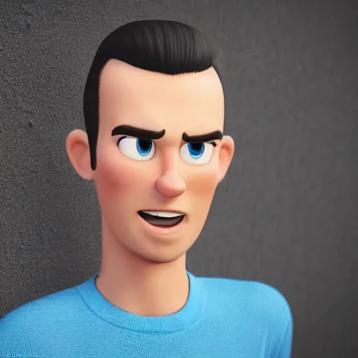 Image similar to handsome thin athletic white man with short buzzed widows peak hair, facial stubble and blue eyes posing outside, depicted as a Pixar character, high quality cg render, 4k