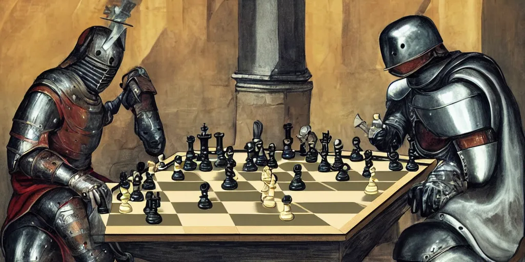 Prompt: medieval knight playing chess against futuristic cyborg