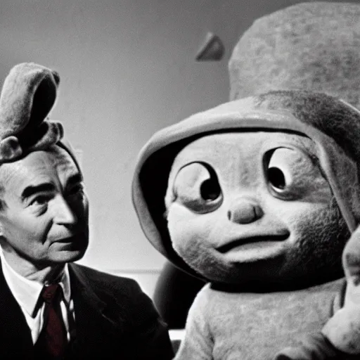 Image similar to color photo of robert oppenheimer debating with teletubbies