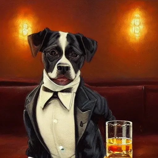 Image similar to a beautiful illustration painting of a dog in a tuxedo drinking whiskey in a dimly lit bar by Jerome Opeña featured on artstation, studio lighting, photorealistic digital art