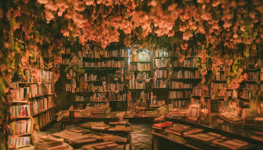 Prompt: a Wes Anderson 35mm film still of a very surreal magical bookstore with a waterfal inside, apothecary, botanical garden, falling be cherry blossoms pedals, in the style of Gucci and Wes Anderson glowing lights and floating lanterns, foggy atmosphere, rainy, moody, muted colors, magic details, very detailed, 8k, cinematic look, octane render, psychedelic,