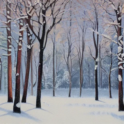 Image similar to a painting of a snowy forest with trees, an acrylic painting by Ray Crooke, metropolitan museum, contest winner, american scene painting, detailed painting