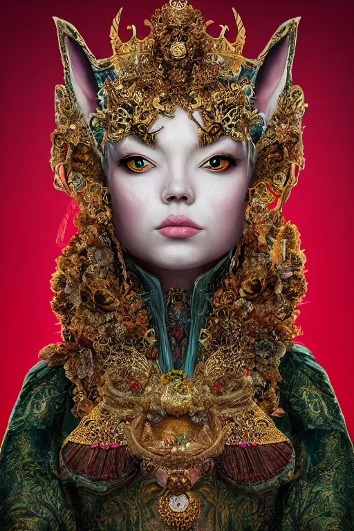 Prompt: a beautiful empress portrait, with a brilliant, impossible striking big Cat headpiece, clothes made of cats, everything cats, symmetrical, dramatic studio lighting, rococo, baroque, greens, asian, hyperrealism, closeup, D&D, fantasy, intricate, elegant, highly detailed, digital painting, artstation, octane render, 8k, concept art, matte, sharp focus, illustration, art by Artgerm and Greg Rutkowski and Alphonse Mucha