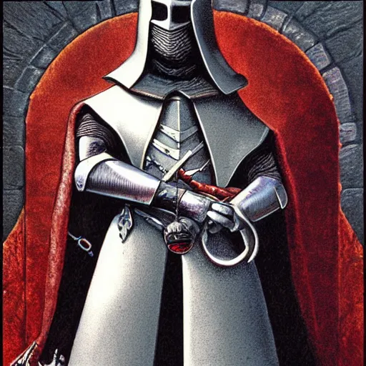 Image similar to HD character illustration high detail by Michael Whelan of %Geddy Lee% as a medieval warlock-knight.