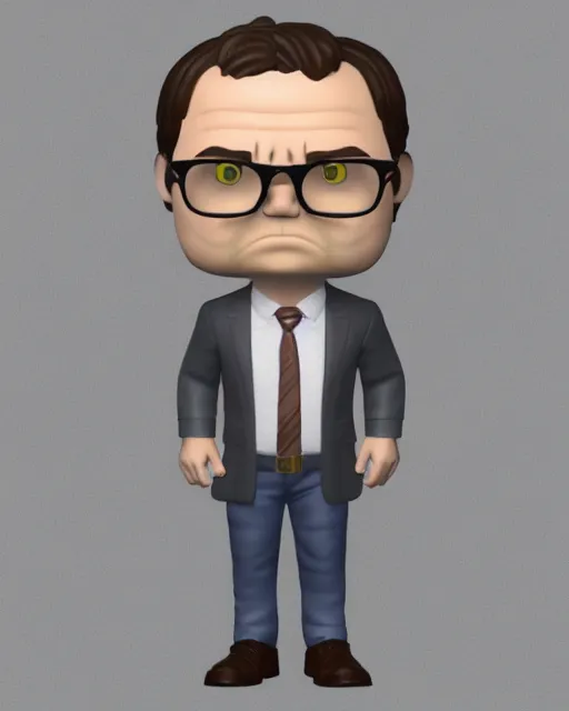 Image similar to full body 3d render of Dwight Schrute as a funko pop, studio lighting, white background, blender, trending on artstation, 8k, highly detailed