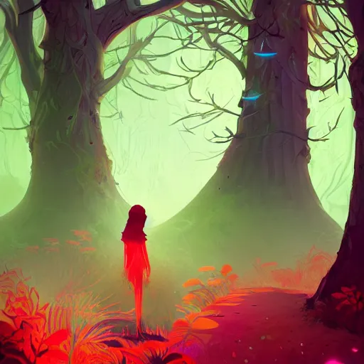 Prompt: a woman [ enchanting a forest with red magic ]!, stands in the middle of a pathway in a timid forest, trending on cgsociety, digital art, illustrated by max hay and anton fadeev, bioluminescent atmosphere, back view, intricate