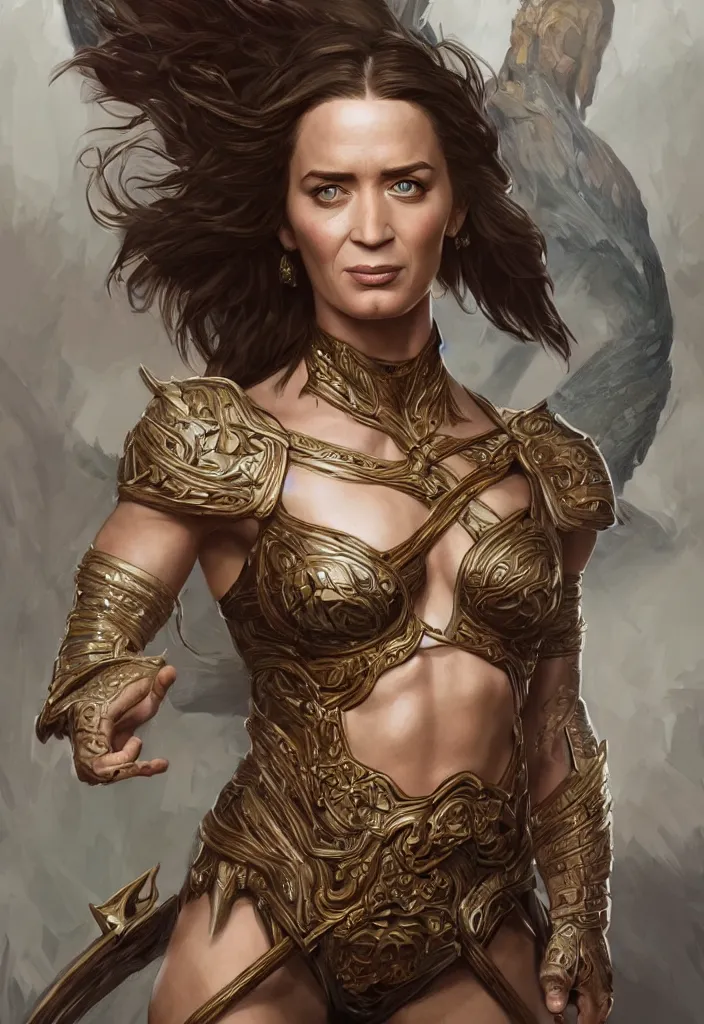 Prompt: fullbody portrait of Emily Blunt, muscular, upper body, big chest, amazon warrior, fantasy, intricate, elegant, highly detailed, digital painting, artstation, concept art, matte, sharp focus, illustration, art by Artgerm and Greg Rutkowski and Alphonse Mucha