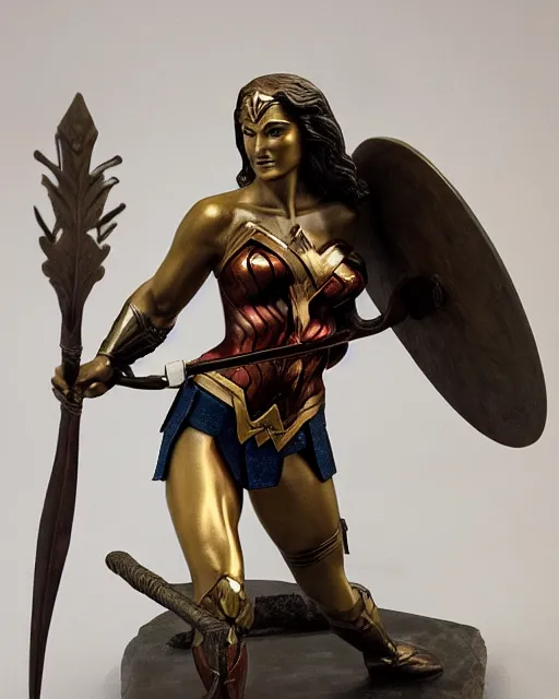 Image similar to a beautiful bronze statue of wonder woman, holding her spear and shield versus the minotaur, photorealistic, atmospheric