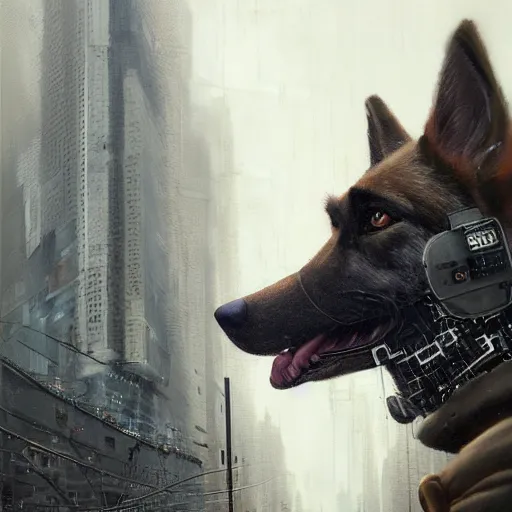 Prompt: new york city portrait of furry anthro anthropomorphic german shepard head animal person fursona wearing clothes strange cybernetic muzzle exposed electronic circuits cyborg microchip gloomy rainy cyberpunk digital art by Greg Rutkowski, Simon Stalenhag, trending on Artstation, CGSociety