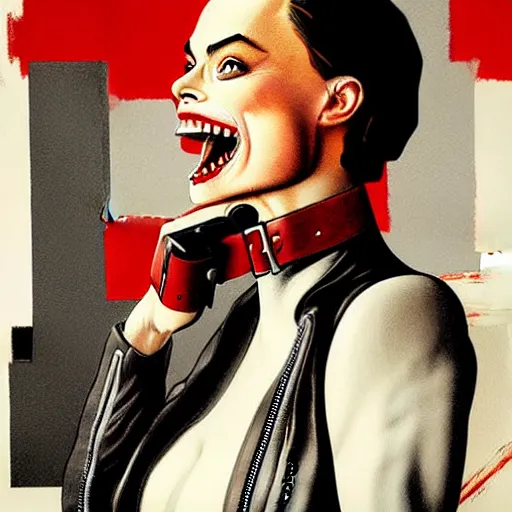 Prompt: Rafael Albuquerque art, Norman Rockwell, pretty Margot Robbie vampire, sharp teeth, evil smile, symmetrical face symmetrical eyes, leather jacket, jeans, holding HK pistol in hand, hands with five fingers, realistic hands