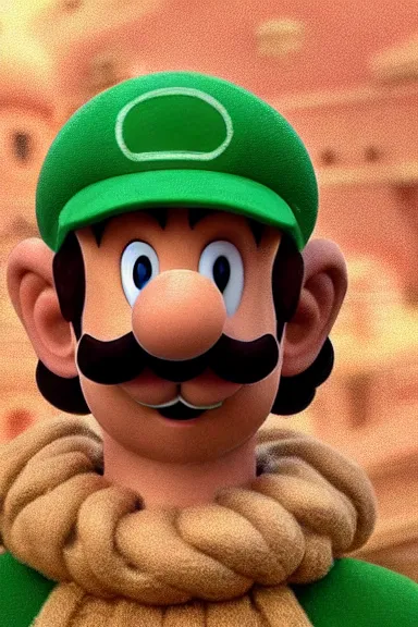 Image similar to very very intricate photorealistic photo of a realistic human version of luigi wearing his hat in an episode of game of thrones, photo is in focus with detailed atmospheric lighting, award - winning crisp details