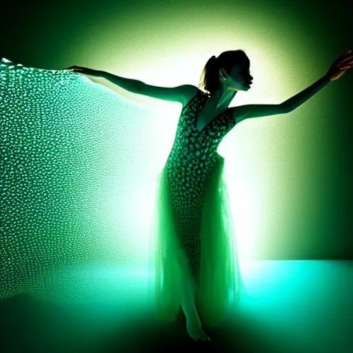 Image similar to woman dancing underwater wearing a dress made of seaweed that is flowing in the current, lighting with caustics from sunlight, cinematic, photorealistic