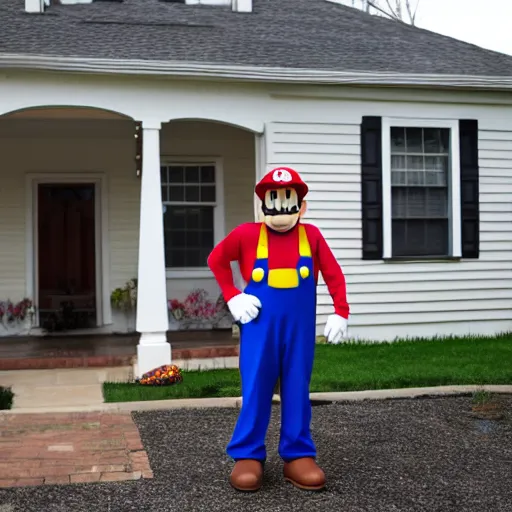 Prompt: bootleg super mario costumed man standing in front of an american house