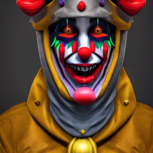 Prompt: a digital art close up portrait of hooded clown jester bard in style of d & d character, handsome warlock character sheet, 4 k, ultra detail, volumetric lighting, unreal engine, octane render, grimdark