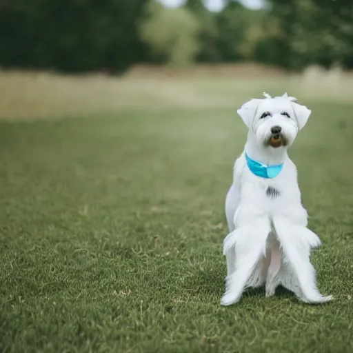 Image similar to photo of a white schnauzer dog with two open wings on his back, 5 5 mm photo