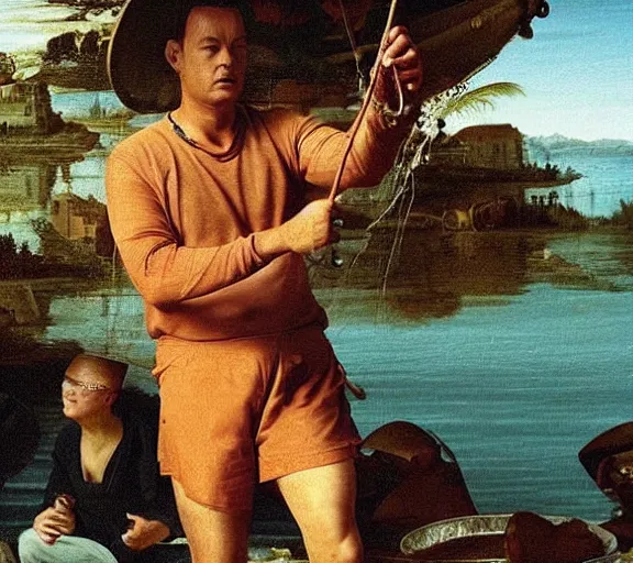 Image similar to Tom hanks as forrest fishing for shrimp in a giant shrimp boat, majestic beautiful world, renaissance painting, amazing detail