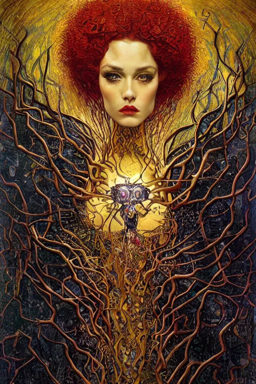 Image similar to Heart of Thorns by Karol Bak, Jean Deville, Gustav Klimt, and Vincent Van Gogh, Surreality, otherworldly, infernal enigma, Helliquary, fractal structures, celestial, arcane, ornate gilded medieval icon, third eye, spirals, dramatic sharp thorns, rich deep moody colors