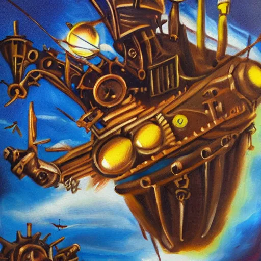 Image similar to A steampunk pirate attacks a spaceship. Oil painting