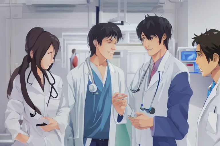 Image similar to a cute and beautiful young female doctor wearing white coat are talking with a handsome young man wearing white coat in a hospital ward, highly detailed, digital painting, slice of life anime, illustration, anime scenery by Makoto shinkai