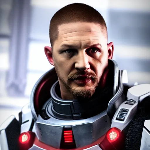 Prompt: Film still of Tom Hardy as commander Shepard, from Mass Effect (video game)