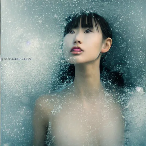 Image similar to a instax photo of fuji mountain, a tall japanese girl in a transparent sheer fabric dress against the background of fuji mountain, severe snow, full body shot, perfect symmetrical body, perfect symmetrical face, coherent symmetrical eyes, by peter kemp, by monia merlo, hyperrealistic, hyperdetailed, octane render, 8 k