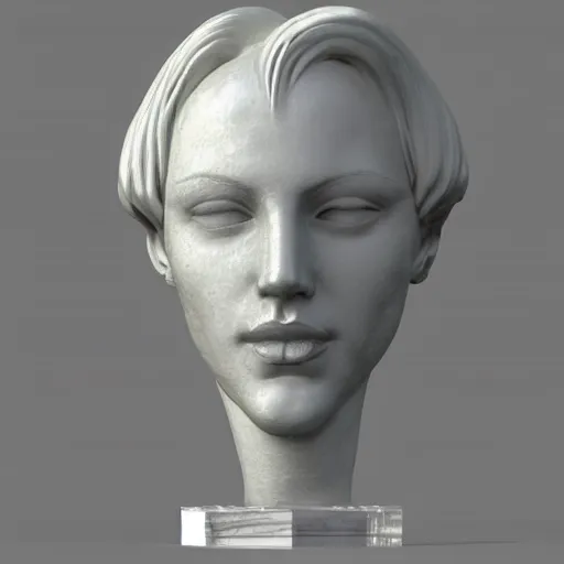 Prompt: androgynous bust sculpture made with marble face, on top of the bust long flowing hair made of transparent!!!! ice sculpture!!!, rendered in cinema 4 d, sharp focus w - 9 6 0