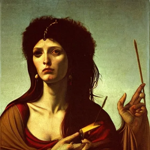 Image similar to half - length portrait of beautiful witch circe in the odyssey, art by petrus christus, caravaggio, leonardo da vinci