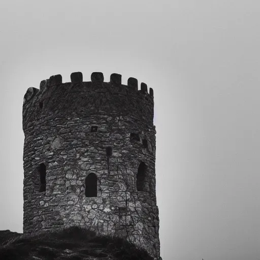 Prompt: a single stone medieval castle tower on a cliff side, dense fog, rain, moody, low key, desaturated colors