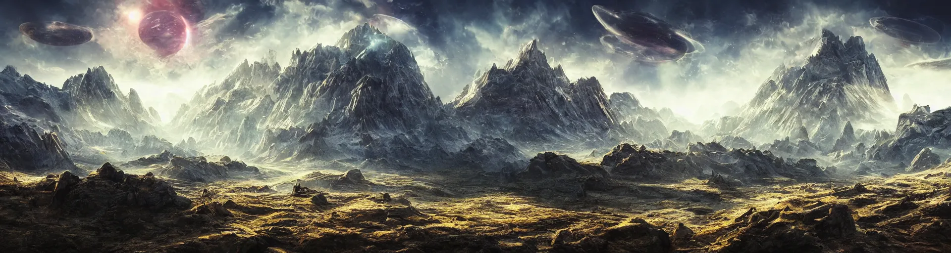 Prompt: beautiful alien planet mountain landscape with a sci-fi city, art, high detail, high definition, photorealistic, hdr,