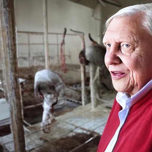 Image similar to david attenborough working in a slaughter house