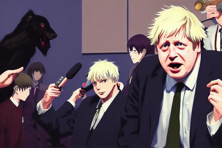 Image similar to anime key visual of boris johnson addressing the covid epidemic to a room of reporters, style of jamie wyeth james gilleard edward hopper greg rutkowski acrylic painting, preserved museum piece, historical