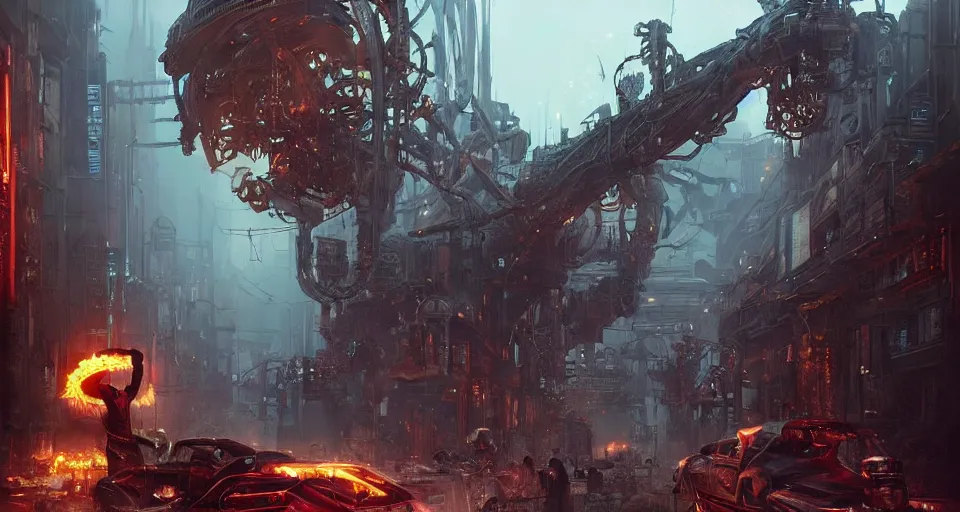Image similar to a highly detailed epic cinematic concept art CG render digital painting artwork scene: a corpse revived with a smoking combustion engine. retrofuturistic 1920s cyberpunk steampunk. By Greg Rutkowski, Ilya Kuvshinov, WLOP, Stanley Artgerm Lau, Ruan Jia and Fenghua Zhong, trending on ArtStation, made in Maya, Blender and Photoshop, octane render, excellent composition, cinematic dystopian brutalist atmosphere, dynamic dramatic cinematic lighting, aesthetic, very inspirational, arthouse