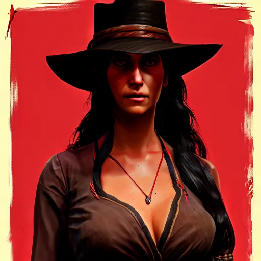 Prompt: tan woman with long dark hair and dark eyes in Red Dead Redemption 2, hyper detailed, concept art, 8k, artstation, cgsociety