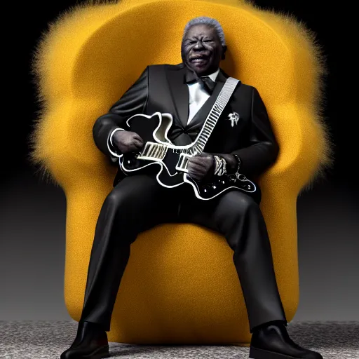 Prompt: b. b king, sitting in a fluffy chair, with very highly detailed face, playing an very highly detailed electric semi - hollow guitar. photorealistic octane render, unreal engine 5, trending on artstation, 4 k, 8 k, uhd, beautiful, dramatic by steve mccurry