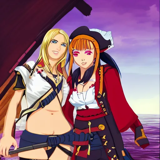 Image similar to a scene of two beautiful female pirate captains standing face to face, detailed anime art