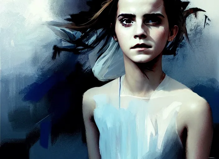 Image similar to emma watson white dress girl chasing from grim reaper, messy hair, messy lines, scared face, dramatic situation, specular reflection, occlusion shadow, intricate, bokeh, by ilya kuvshinov and jeremy lipking and quentin mabille
