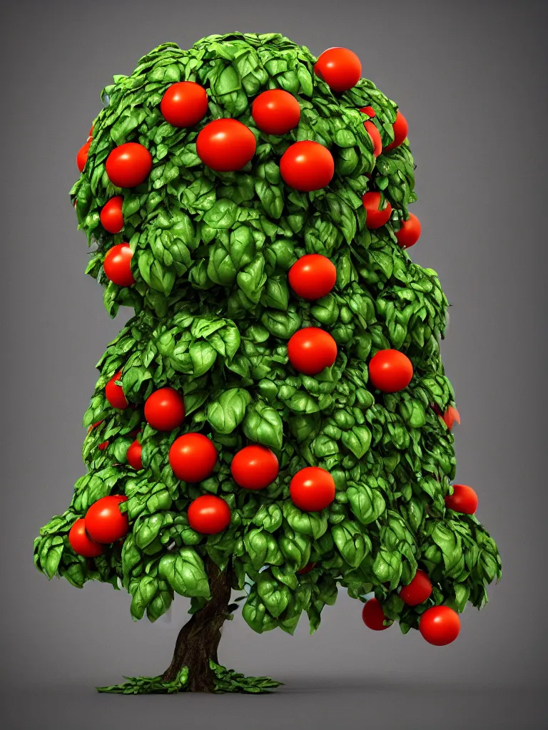 Image similar to highly detailed 3 d render of a mythical tree with sparse leaves of tomatoes and mozzarella balls and basil leaves, hyper realistic octane render, cinematic lighting, deviantart, lowbrow, surrealism, pixar still