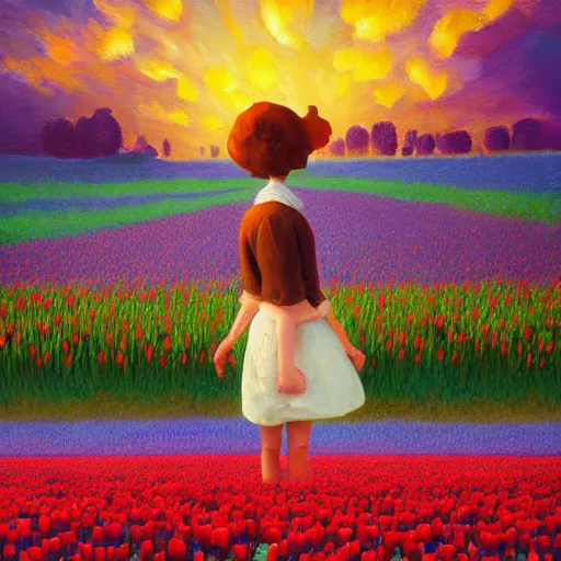 Image similar to dutch girl with singular giant tulip as a head, surreal photography, flower field, sunset dramatic light, impressionist painting, colorful clouds, blue sky, digital painting, artstation, simon stalenhag